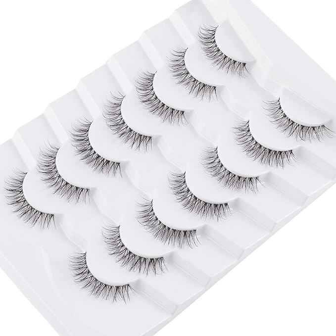 Natural Lashes False Eyelashes 12 MM Short Lashes WIspy 3D Volume Fake Eyelashes Pack C Curl Soft Eye Lash with Thin Cotton Band 7 Pair False Lashes Siligli