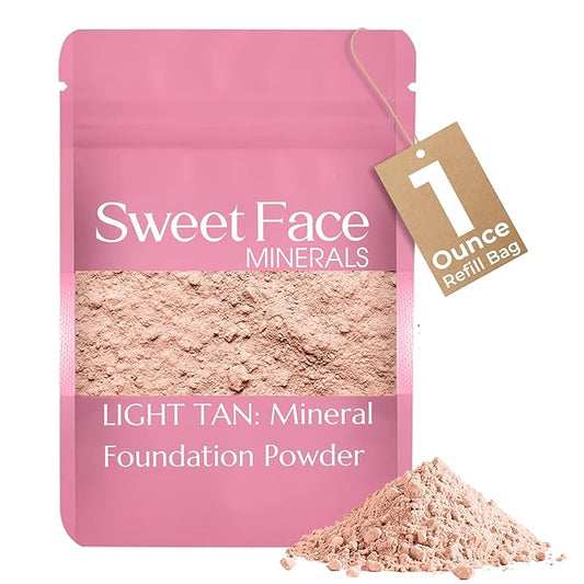1 Ounce Light Tan Foundation Powder Refill By Sweet Face Minerals, Lightweight Mineral Loose Makeup Powder with SPF 20, Full Coverage Flawless Finish, Talc-free, Cruelty-Free, Refillable Pouch