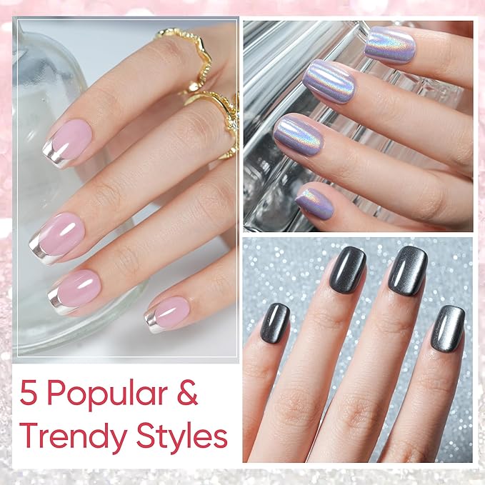 Press on Nails Short 5 Styles, Jofay Fashion 160Pcs Salon-Like Fake Nails with Chrome/Rainbow Laser/Chasing Light Cat Eye Designs, Acrylic French Tip Press on Nails Glue on Nails