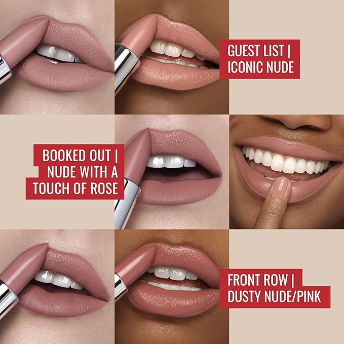 Runway Rogue 90s Vibe Lipstick Trio, Moisturizing Matte Lipstick Set, (‘Guest List’, ‘Booked Out’, ‘Front Row’)