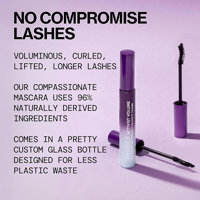 Pacifica Beauty | Activist Curling Mascara | Black | Volume and Length | Vegan Brush | Glass Tube | Clean Eye Makeup | Plant-Fibers | Microplastic + Nylon 6 Free | Vegan, Talc-Free, Cruelty-Free