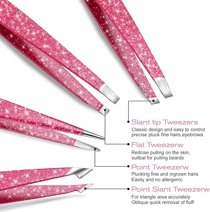 4-Pcs Glitter Stainless Steel Precision Tweezer Set for Eyebrows, Ingrown Hair & Lash Extensions (Rose Red)