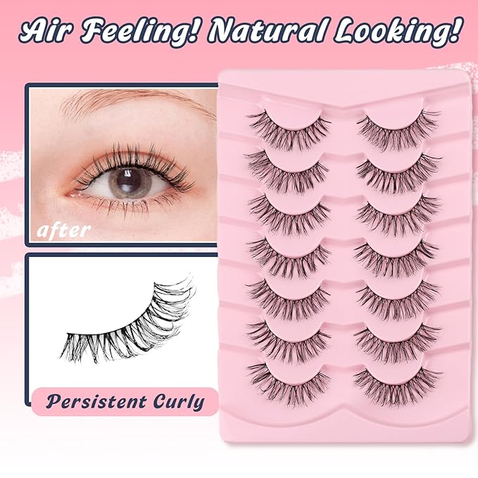 Lashes Cat Eye False Eyelashes Wispy 13MM Natural Lashes with Memory Band C Curl Lash Strips 3D Volume Fake Eyelashes Natural Look Siligli 7 Pairs