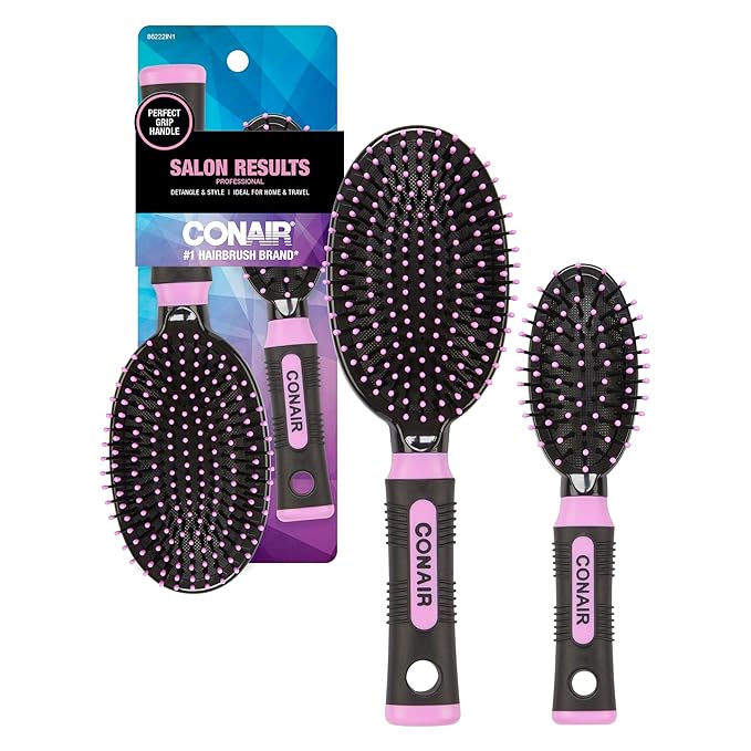 Conair Salon Results Cushion Hairbrush Set - men & women - hairbrushes for all hair types - detangling - features Travel size + Full-size - Pink/Black