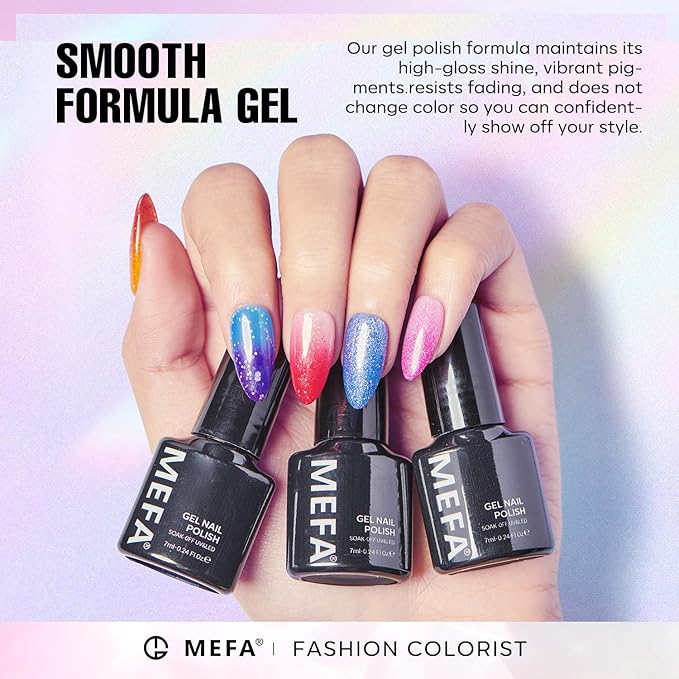 MEFA Color Changing Gel Nail Polish Set 6 Colors, Temperature Mood Changed Glitter Blue Pink Purple Red Orange Ombre Soak Off Nail Art Design Kit Manicure Home DIY Gifts for Women Girls