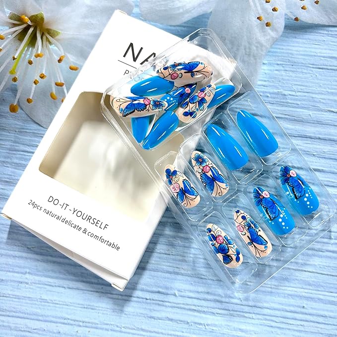 Blue Butterfly Press on Nails Almond Medium Floral Butterfies Pattern Blue Acrylic Fake Nail Full Cover Glossy Artificial Fingernails Spring Acrylic Nail Reusable 24Pcs Glue on Nails for Women
