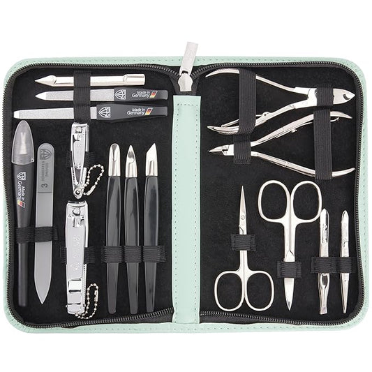 3 Swords Germany - brand quality 16 piece manicure pedicure grooming kit set fashion leather case mint, Made in Germany