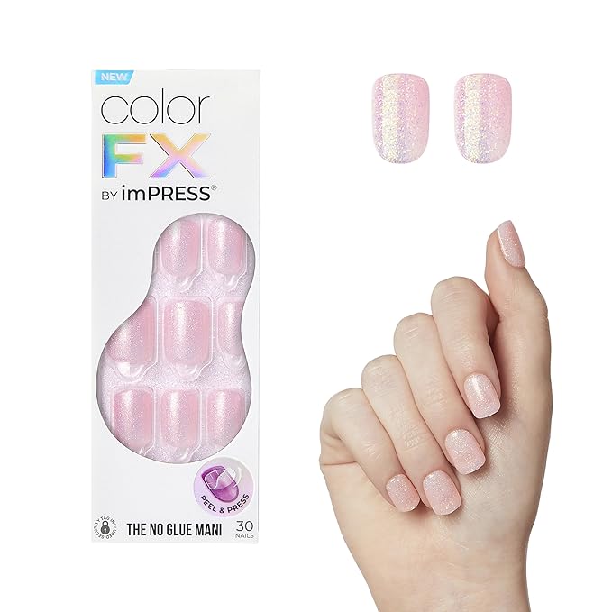 KISS imPRESS No Glue Mani Press On Nails, Color FX, 'Pop Star', Light Pink, Short Size, Squoval Shape, Includes 30 Nails, Prep Pad, Instructions Sheet, 1 Manicure Stick, 1 Mini File
