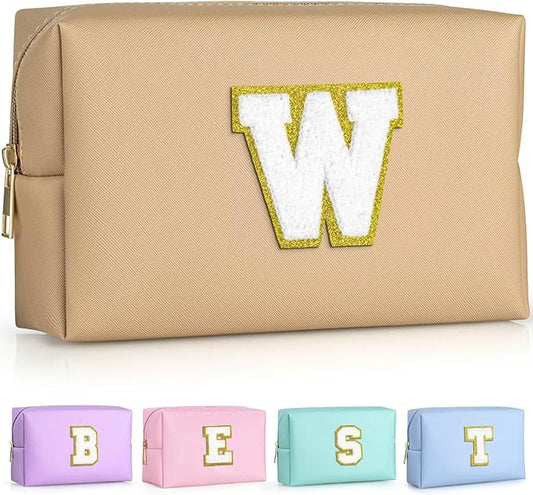 TOPEAST Initial Makeup Bags for Women, Cute Makeup Pouch, Waterproof Travel Toiletry Bag, Personalized Gifts for Girlfriend Wife on Valentine's Day Anniversary, Preppy Stuff Gift for Girl (Khaki W)