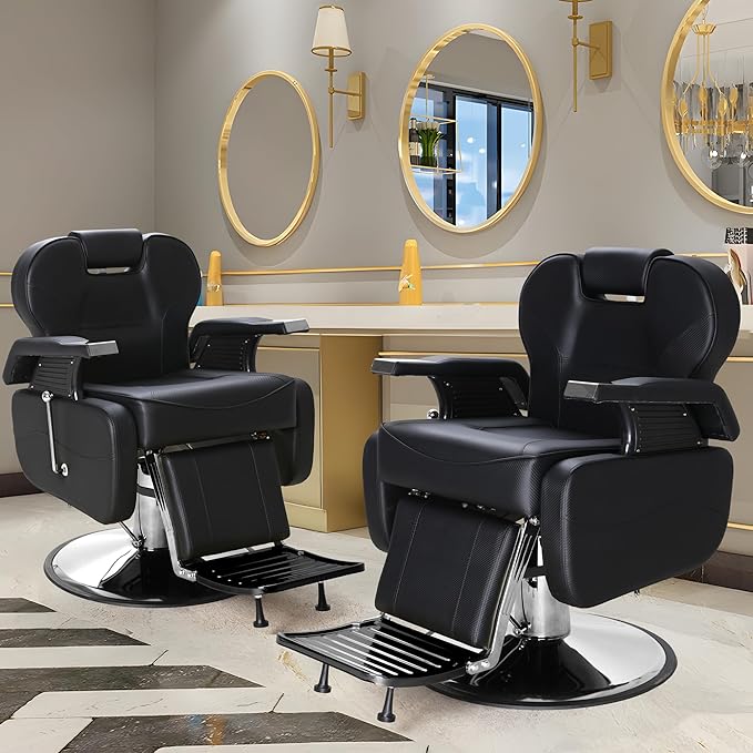 FHFO Barber Chairs for Barbershop, Heavy Duty Hydraulic Barber Chair 360° Swivel Reclining, Adjustable PU Leather Beauty Salon Chair for Barbershop Spa Black/Silver