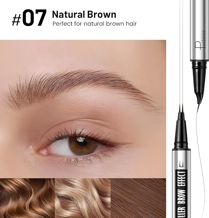 Pudaier 2 Pack 2 Fine Tip Eyebrow Pen, Waterproof Filling Faux Brow Makeup Pencils for Women with Precise Curved Brush-Tip to Fast Create Natural Hair-Like Brows, Last All-Day (Natural Brown)