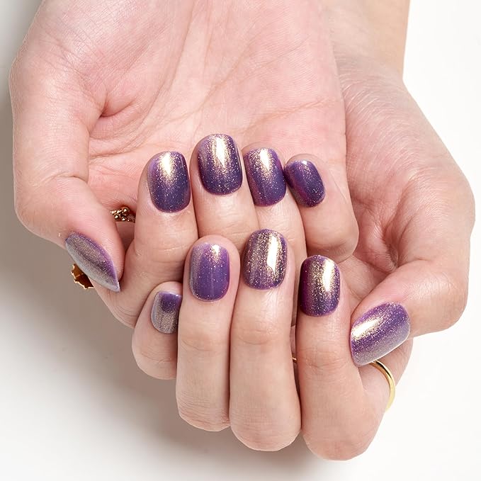 GLAMERMAID Extra Short Press on Nails 24PCS, Handmade Shimmer Purple Fall Gel Glue on Nails, Glossy Round Reusable UV Finish Fake Nails Acrylic False Nails Manicure Kits for Women