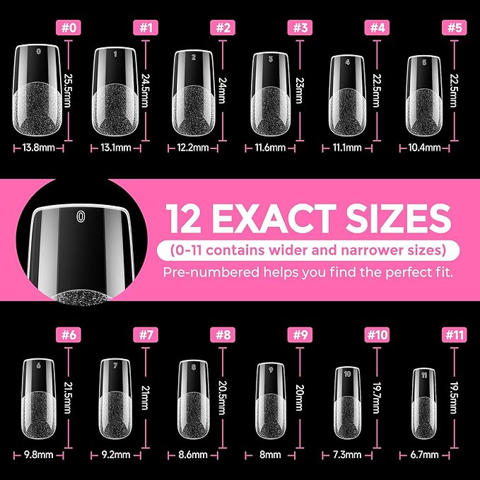 UNA GELLA Medium Square Nail Tips: 216pcs Square Press on Nails Pre-shape Clear Nails Tips for Full Cover Acrylic French False Nails For Nail Extension, Home DIY Nail Salon 12 Sizes False Tips