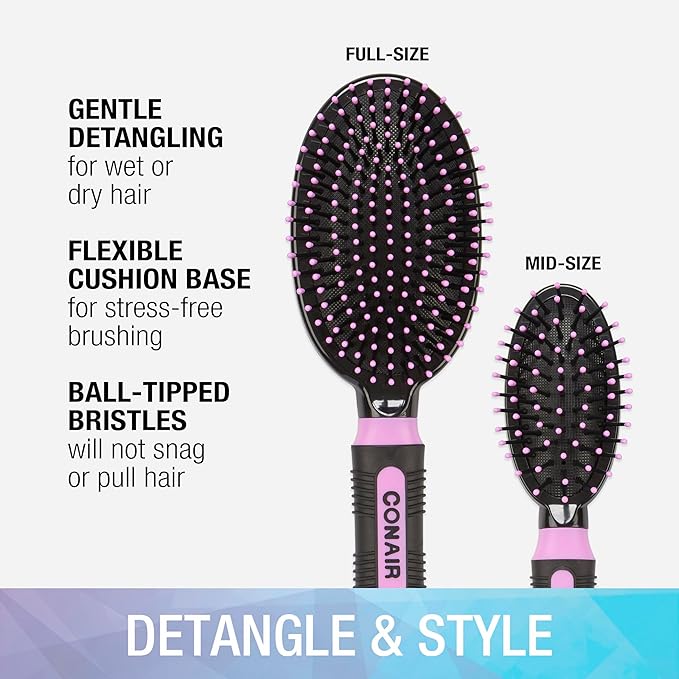 Conair Salon Results Cushion Hairbrush Set - men & women - hairbrushes for all hair types - detangling - features Travel size + Full-size - Pink/Black