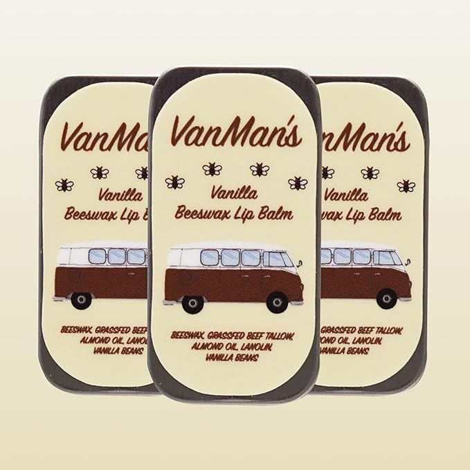 VanMan Beeswax Lip Balm Tin – Organic Tallow Balm with Grass-Fed and Finished Suet Beef Tallow, Sweet Almond Oil, and Lanolin – Hydrating Lip Moisturizer – Vanilla – 3 Tin Pack