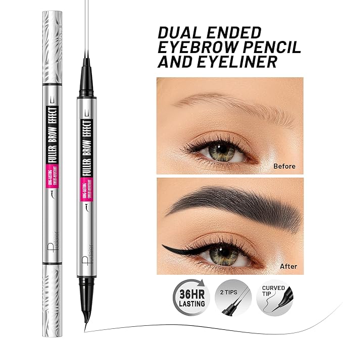 Pudaier 2 Pack 2 Fine Tip Eyebrow Pen, Waterproof Filling Faux Brow Makeup Pencils for Women with Precise Curved Brush-Tip to Fast Create Natural Hair-Like Brows, Last All-Day (Natural Black)