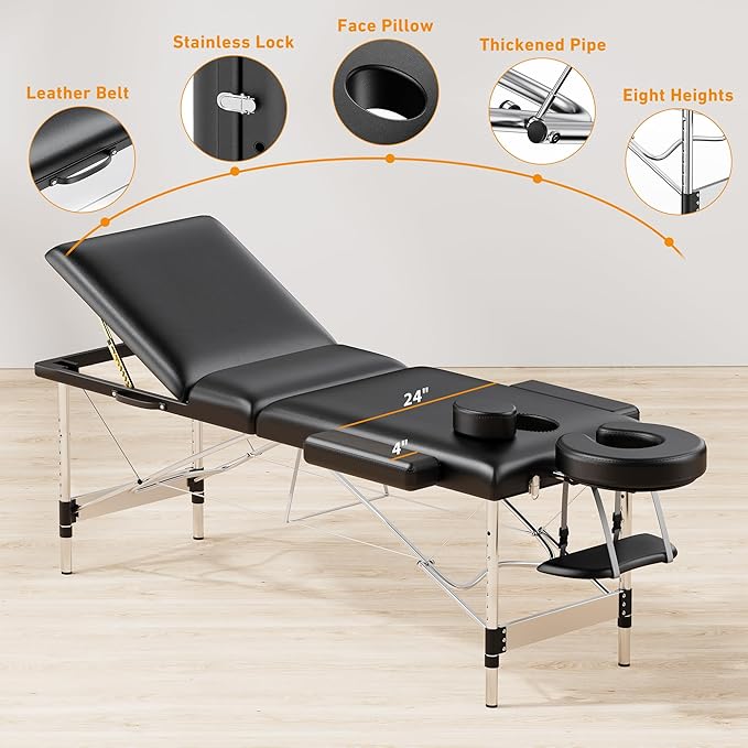 Massage Table Portable 84" Long 24" Wide Professional 3 Sections Reclining Massage Couch, Aluminum Adjustable Esthetician Bed Tattoo Table SPA Lash Salon Bed with Carrying Bag (Black)