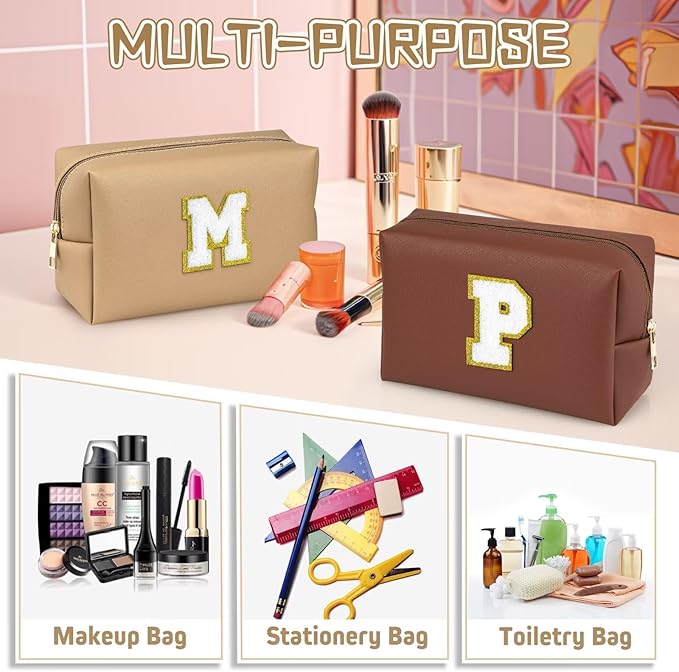TOPEAST Initial Makeup Bags for Women, Personalized Portable Cosmetic Bag with Zipper, Cute Makeup Pouch, Bridesmaid Gifts for Wedding Day, Girl Trendy Stuff(Khaki X)