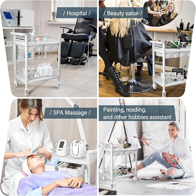 2 Tier Esthetician Cart, Rolling Utility Cart with Bucket & 2 Big Drawers, Heavy Duty Salon Trolley with 360 Rotate Silent Wheels, Load 330lbs Mobile Medical for Salon Hospital Office Lab