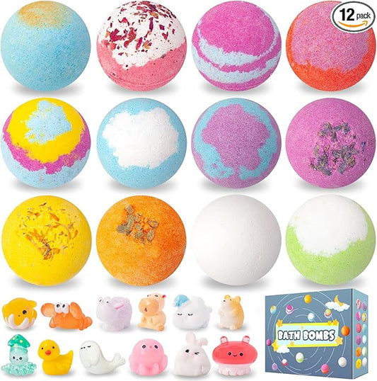 Bath Bombs for Kids with Surprise Toys Inside, 12 Pack Essential Oil SPA Bath Bombs, Bubbles Gentle and Safe Fragranced Bath Balls, Halloween Birthday Christmas Gift Set for Kids Boys Girls
