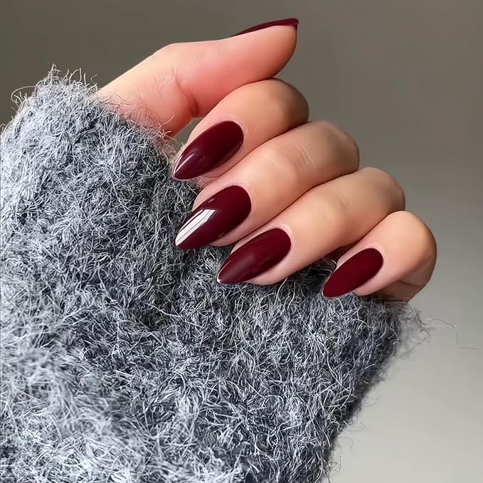 48Pcs Burgundy Press on Nails Almond Fake Nails Glue on Nails Medium Length Almond Shaped Nails Press ons, Stiletto False Nails for Women Dark Red Medium Almond Nails Thick Acrylic Gel Nails