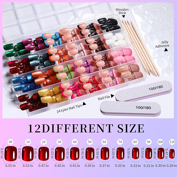 FANDAMEI Press on Nails Short, 24 Colors 576PCS Press on Nails for Women, Cat Eye Nails Short Round. Glossy Nails Press On French Tip, Natural Fit Lightweight for Christmas Nail Art
