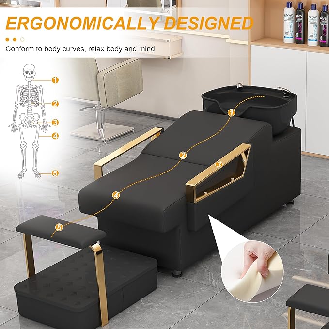 Shampoo Bowl and Chair Set for Salon, Hair Washing Station for Hair Stylist, ABS Backwash Shampoo Bowl Sink with Independent Footrest for Spa Beauty Barbershop(Black+Gold)