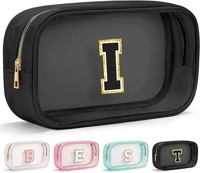 YOOLIFE Initial Make Up Bag Travel Toiletry Bag for Women, Clear Makeup Bag Organizer Cosmetic Bags Travel Essentials Gifts for Women Teen Girlfriend Teacher Mom Birthday Mothers Day Gifts Black I