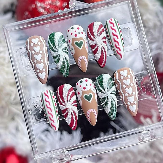 30Pcs Christmas Press on Nails Medium Almond Fake Nails Christmas Red and Green Xmas Candy False Nails with Glitter Heart Stripe Pattern Brown Artificial Nails Handmade Stick on Nail for Women DIY