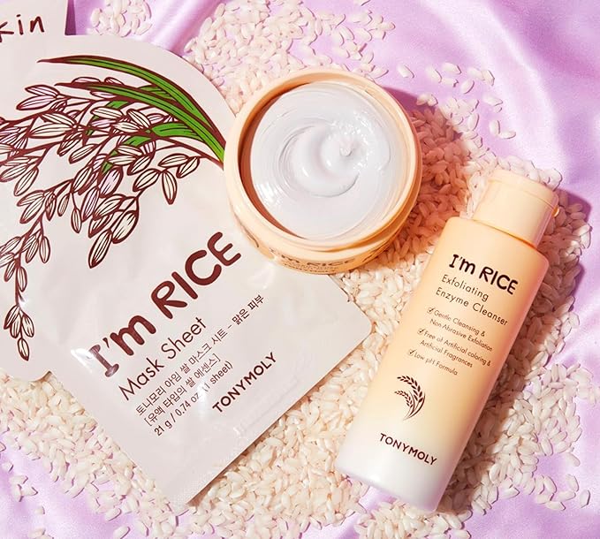 TONYMOLY I'm Rice Clarifying Skincare Set – 3-Step Face Care for Clear, Hydrated Skin – Includes Enzyme Powder Cleanser, Blemish Mask & Nourishing Sheet Masks – Gentle Exfoliation & Oil Control