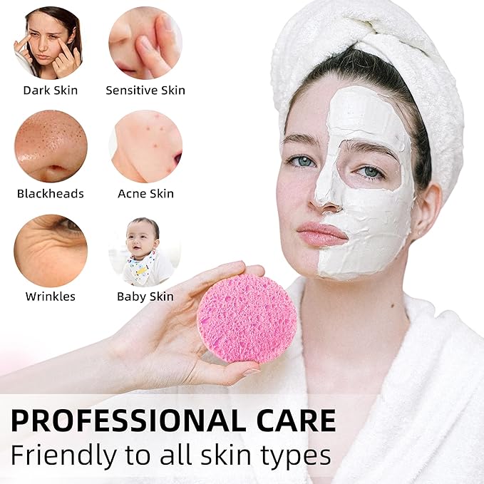 60-Count Compressed Facial Sponges|100% Natural Kickleen Cellulose Cosmetic Spa Sponges for Daily Facial Cleansing|Makeup and Mask Removal | Exfoliating | Skin Massage | Pore Exfoliation(Pink)