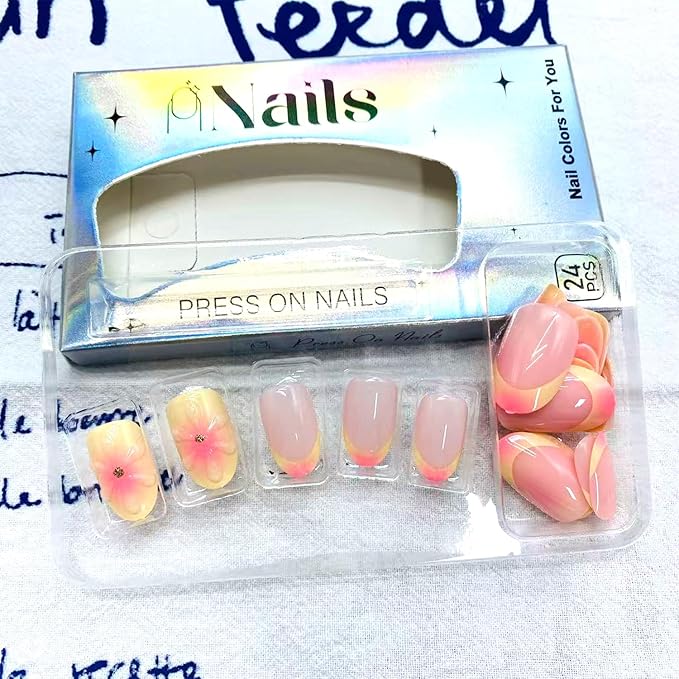 Fall French Tip Press on Nails Short Almond False Nails With Yellow Pink Gradient Design Full Cover Glue on Nail Reusable 3D Flower Acrylic Fake Nails Glossy Artificial Stick on Nail for Women