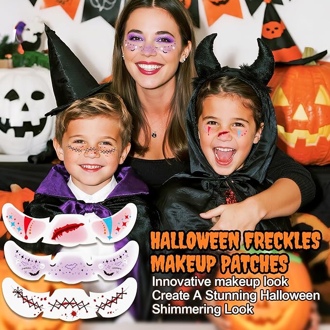 24pcs Halloween Freckles Makeup Patches Face Glitter Speckles, Costumes for Women, Halloween Temporary Face Tattoo Glitter Freckles, Halloween Accessories for Woman ＆ Kids