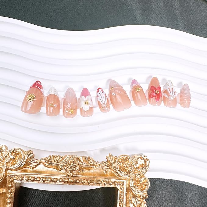 10pcs Handmade Press on Nails Medium Almond Fake Nails with 3D Flower Gold Beads Star Designs French Tip False Nail Summer Fall Acrylic Nails Full Cover Glue on Nail for Women Nail Decoration