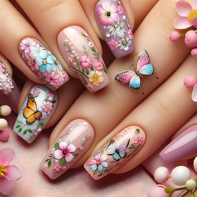 Flower Press on Nails Medium Ballet Shaped Colorful Floral Butterfly Pattern Design Spring Summer False Nail Full Cover Artificial Stick on Nails Press Ons Glossy Glue on Nail for Women