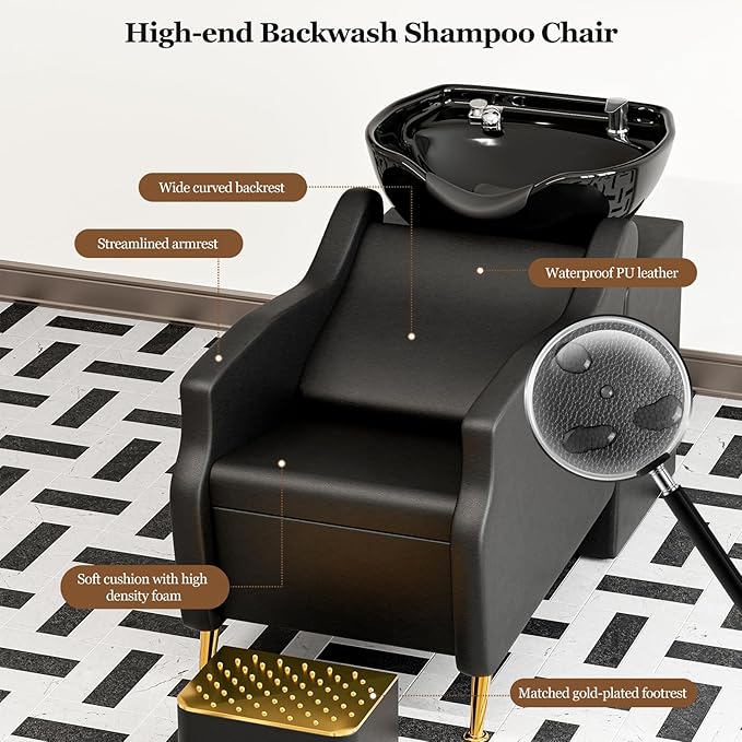 Paddie Shampoo Chair and Bowl for Salon, Backwash Shampoo Station Sink with Ceramic Bowl and Foot Stool, Barbershop Spa Equipment
