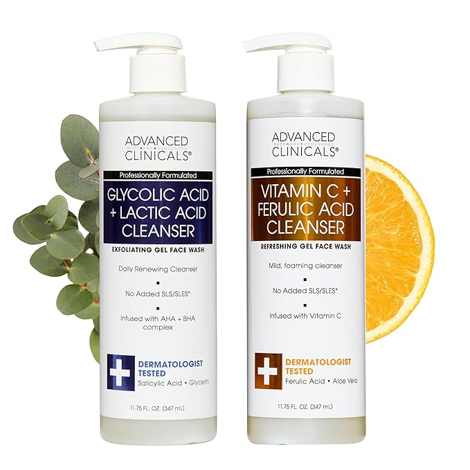 Advanced Clinicals Exfoliating Glycolic Acid & Salicylic Acid Face Wash + Hydrating Vitamin C Facial Cleanser 2pc AM/PM Skin Care Set For Women & Men To Gently Exfoliate & Cleanse Dirt & Oil, 2PC