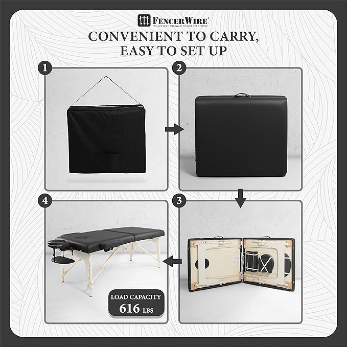 Fencer Wire 84 Inch Premium Memory Foam Massage Table, Foldable Massage Bed, Height Adjustable Spa Bed, Facial Cradle Salon Bed Wooden Legs & Carry Case, Black, 32 Inch Wide