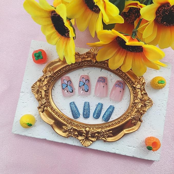 Spring Press on Nails Short Coffin Fake Nails with Butterfly Designs Blue Glitter Nails Press ons Glossy Glue on Nails Nude Acrylic Nails Cute False Nails Summer Stick on Nails for Women 24Pcs
