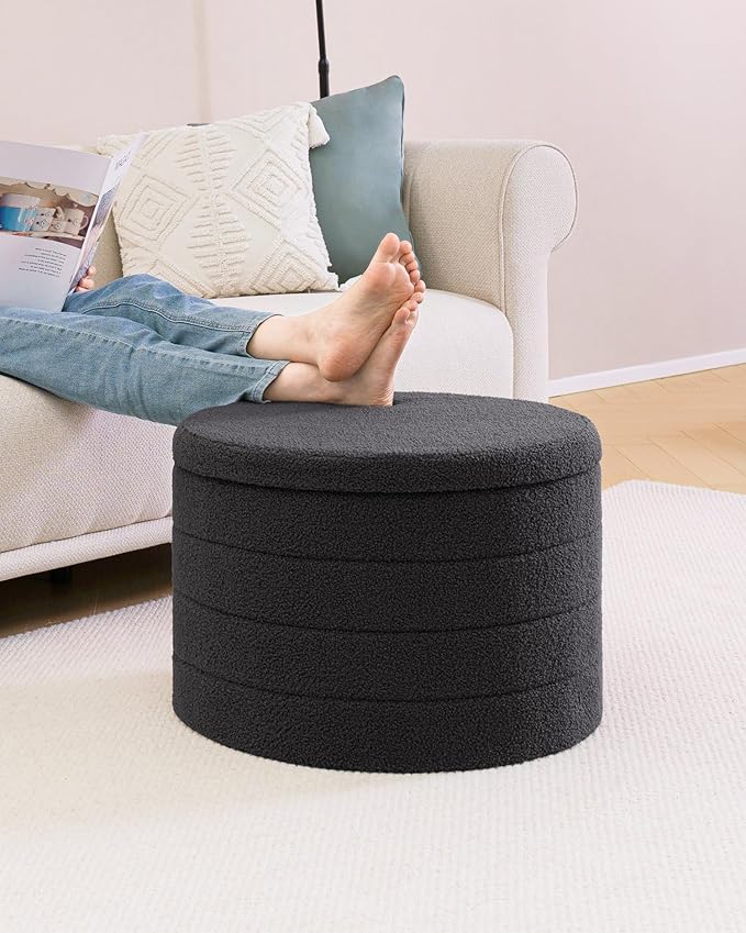 B FSOBEIIALEO Ottoman with Stroage, Round Sherpa Storage Ottoman Stool, Boucle Foot Rest22 x 22"x15.75" (Dark Grey)
