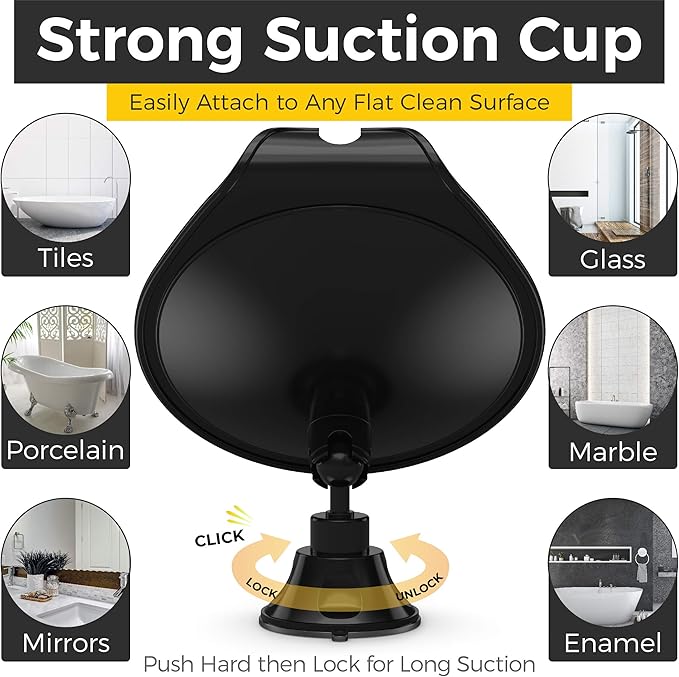 HONEYBULL Fogless Shower Mirror with Suction Mount & Swivel – Anti-Fog Acrylic Bathroom Mirror for Shaving – Built-in Razor Holder, Easy Install, Home Shower Accessory (Black)