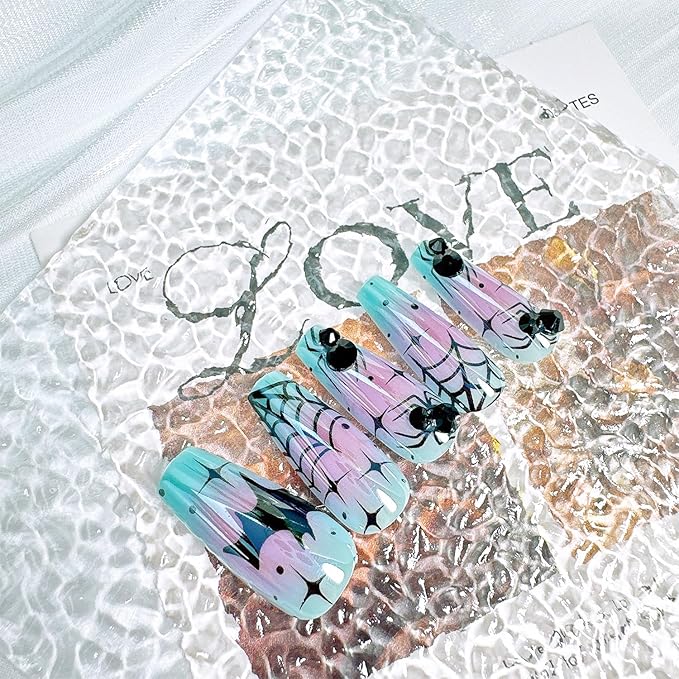 30pcs Halloween Press on Nails Medium Square Spider Web Fake Nails with Black Spider Bat Designs Blue False Nails Halloween Acrylic Nails Kit Full Cover Stick on Nail Tips for Women Nail Decoration