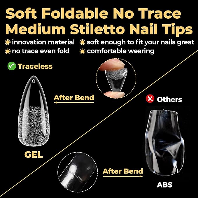 UNA GELLA Medium Stiletto Gel Nail Tips 600Pcs, Medium Stiletto Press on Nails Almond Shape Pre Etched Full Cover Soft Gel Nails Tips for Nail Extensions Christmas Art DIY Salon 12 Sizes at Home