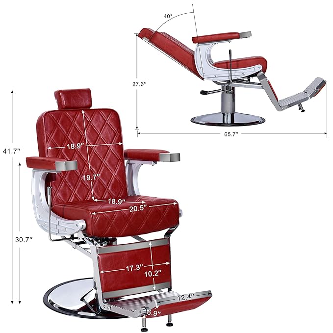 BarberPub Heavy Duty Metal Vintage Barber Chair All Purpose Hydraulic Recline Salon Beauty Spa Shampoo Equipment 3825 (Red with Red Stitches)