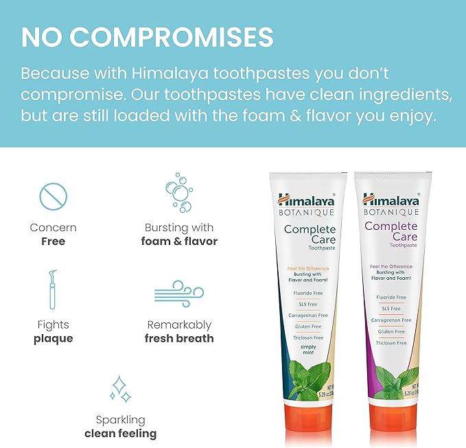 Himalaya Botanique Complete Care Toothpaste, Mint and Spearmint - Fluoride Free Toothpaste for Clean Teeth & Fresh Breath - Vegan, Gluten Free, No Artificial Flavors, 5.29 oz (Pack of 2)