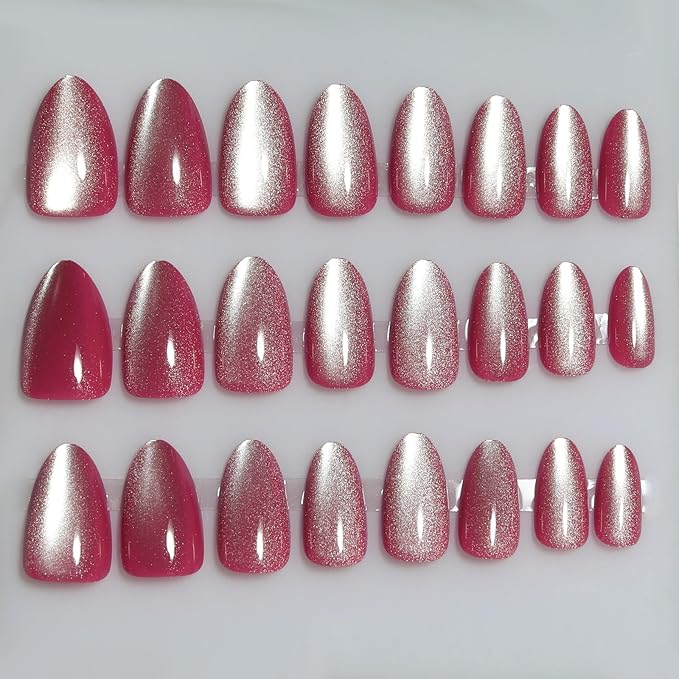 Red Almond Press On Nails Short Cat Eye Press on Nails with Glue for Women Ashionable Gel False Nails Reusable Acrylic False Nails Women's Glitter Nails Glue On Nails Kit, Plum Red