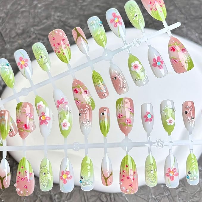 30Pcs Spring Flower Press on Nails Medium Almond Fake Nails with 3D Pearl Rhinestones Design Summer Grassland French Tip False Nails Silver Butterfly Bow Floral Stick on Nails for Women Decor