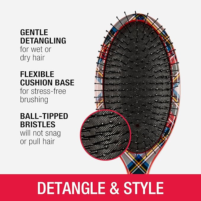 Conair Detangling Hair Brush Set 3 Pack, For Wet, Dry and All Hair Types, Detangling Brushes for Women in Tartan, Red, Green