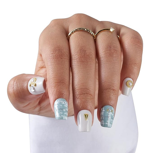 Large-Frosted Mint Charm Fake Nails Press-On Manicure Kit for Women | French Tip 10 Nails | Nail Glue, Dual Nail File, Cuticle Stick, Buffer Block | Measure Before Ordering