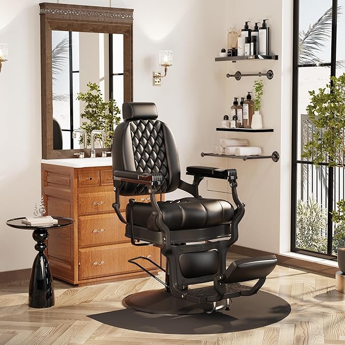 Baasha Retro Reclining Barber Chair, Ergonomic All-Purpose Salon Chair with Thick Cushion & Adjustable Headrest, Heavy-Duty Design, 550 lbs Support